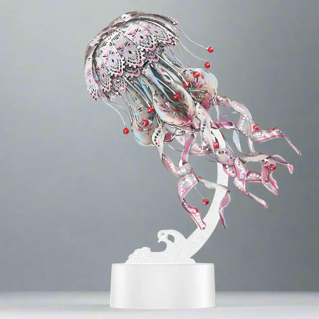 Handmade Scarlet Red jellyfish metal model kit with flowing tentacles, a mechanical 3D puzzle and home office desk accent