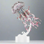 Handmade Scarlet Red jellyfish metal model kit with flowing tentacles, a mechanical 3D puzzle and home office desk accent