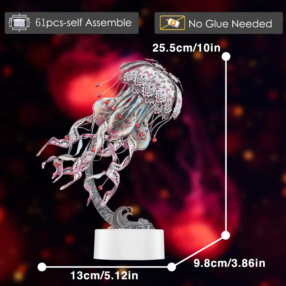 Scarlet Red metal jellyfish kit with 61 glue free stainless steel pieces, a hands on brain teaser for adult builders