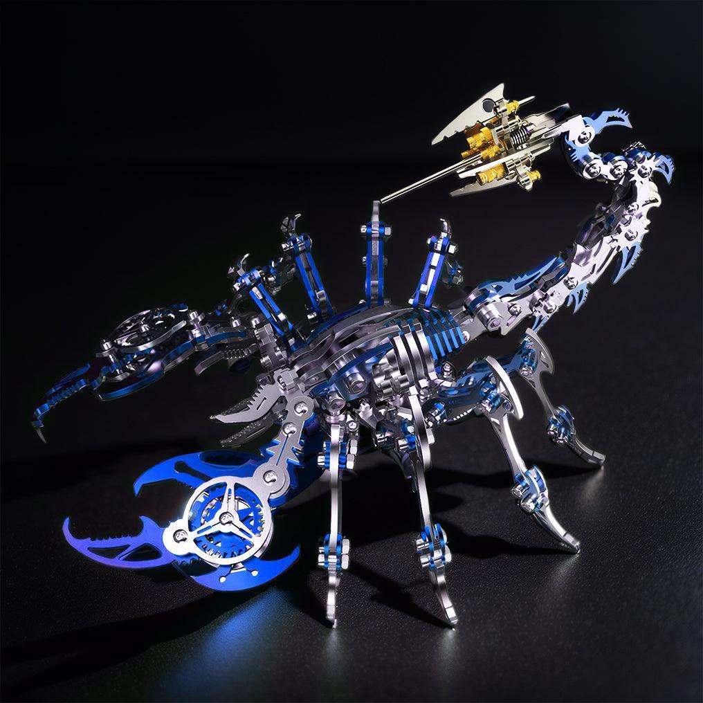 Blue steel scorpion puzzle with a poised stinger and open claws, a 48-piece posable metal model kit for collectors and gifts
