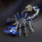 Blue mechanical scorpion model on a dark backdrop, an articulated stainless steel puzzle kit for desk and bookshelf decor