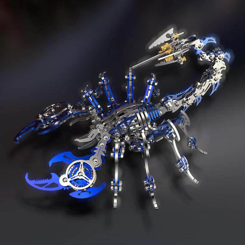 Blue mechanical scorpion model on a dark backdrop, an articulated stainless steel puzzle kit for desk and bookshelf decor