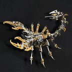 Gold accented mechanical scorpion king puzzle on a dark display, a posable 48-piece steel model kit for adults and gifts