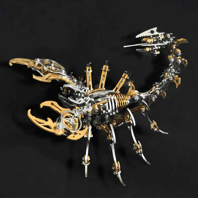 Gold accented mechanical scorpion king puzzle on a dark display, a posable 48-piece steel model kit for adults and gifts