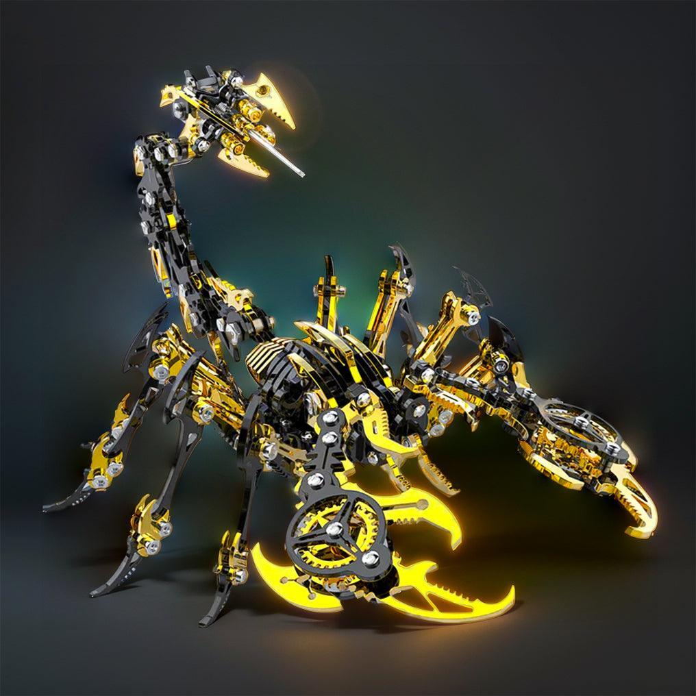 Golden Black articulated scorpion puzzle standing on six steel legs, a hands-on metal model kit for adult builders and decor