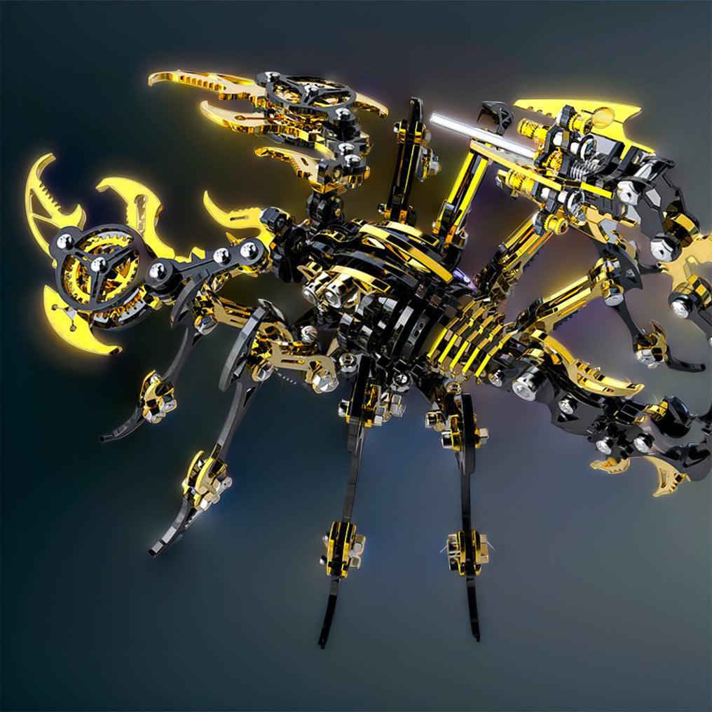Golden Black steel scorpion model with a curled tail and gear details, a mechanical puzzle kit for game room and office decor