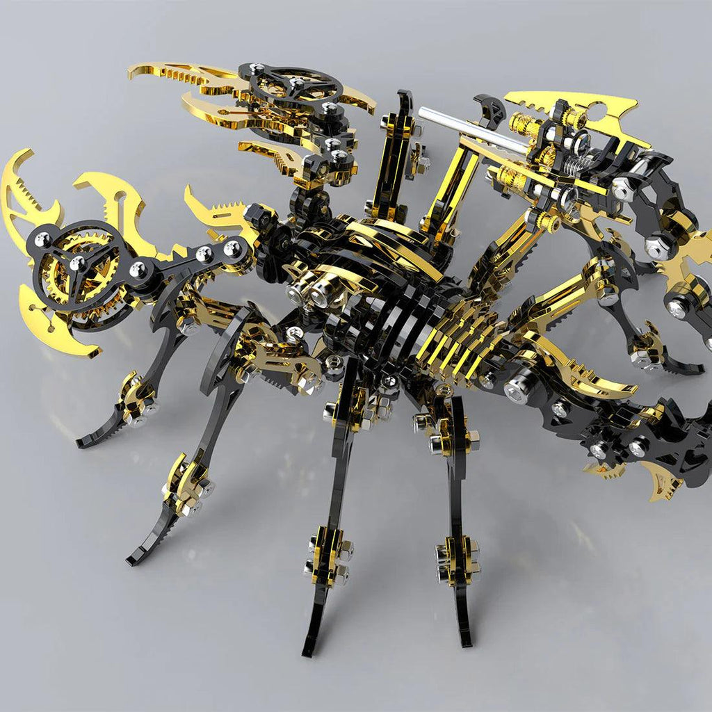Golden Black metal scorpion puzzle with gleaming plated claws, a posable steel model kit and steampunk desk decor for adults