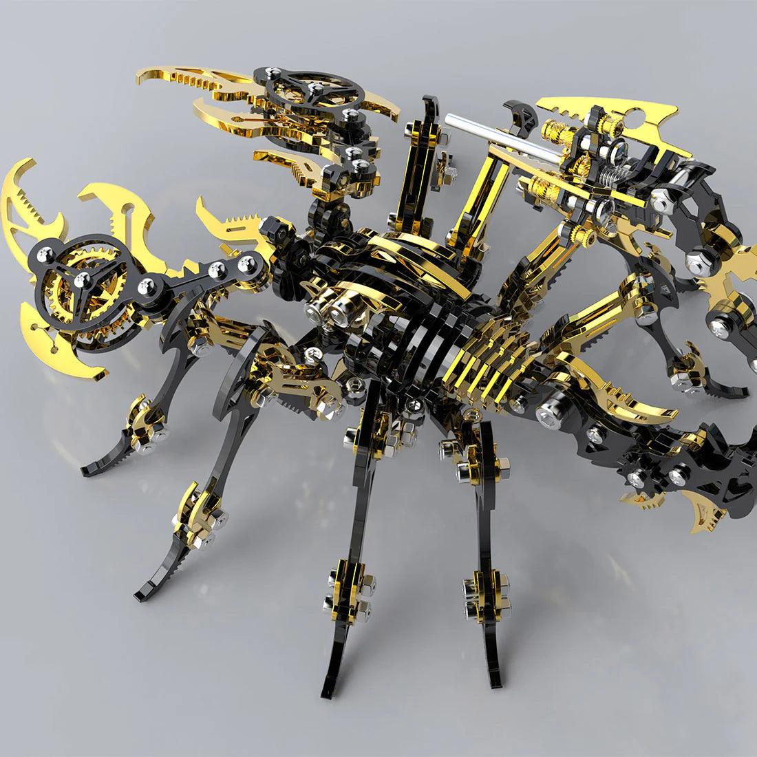 Golden Black metal scorpion puzzle with gleaming plated claws, a posable steel model kit and steampunk desk decor for adults