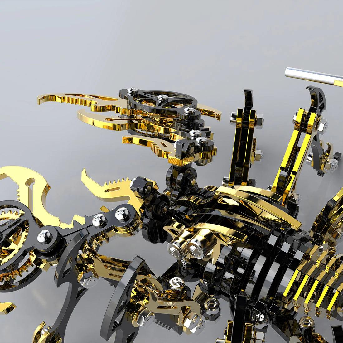 Golden Black stainless steel scorpion model with movable pincers, a tool-free puzzle kit for shelf and bookshelf decor