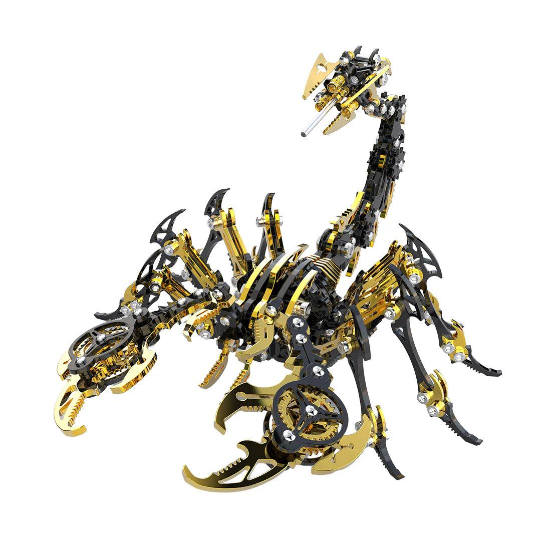 Golden Black metal scorpion puzzle with plated claws on a dark steel body, a posable model kit for desk and shelf display
