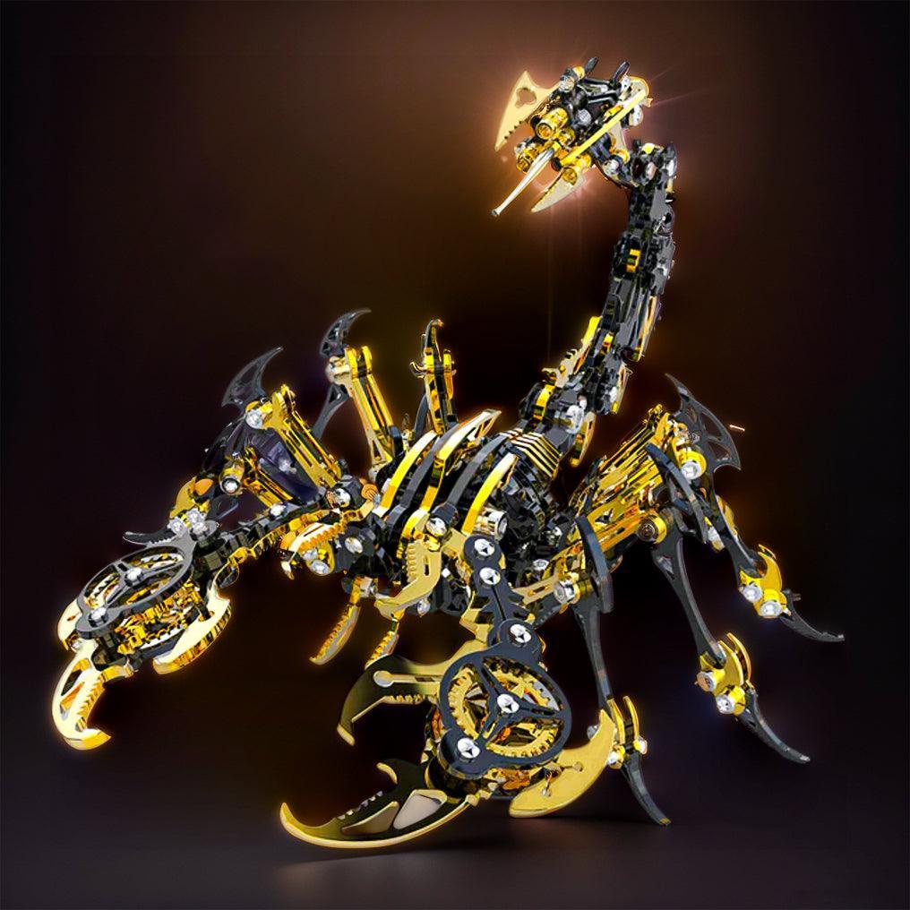 Golden Black mechanical scorpion with a poised stinger and open pincers, a steampunk metal model kit for a bookshelf showcase