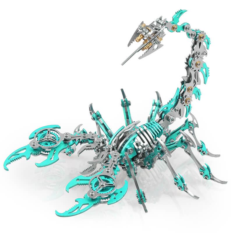 Green 3D metal scorpion model kit with laser-cut alloy pieces and a poseable stinger tail, mechanical desk decor for collectors