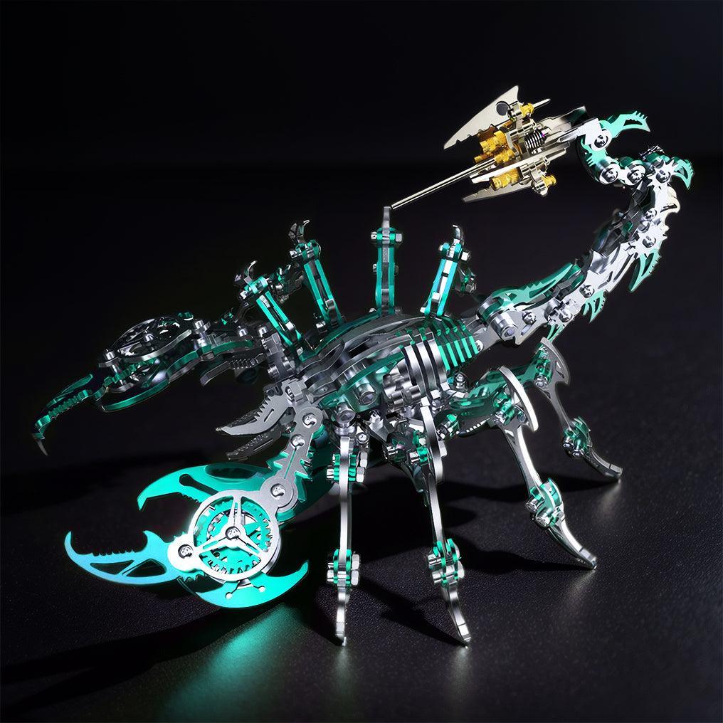 Green metal scorpion model with luminous alloy plating, a posable mechanical puzzle kit for adult builders and desk decor