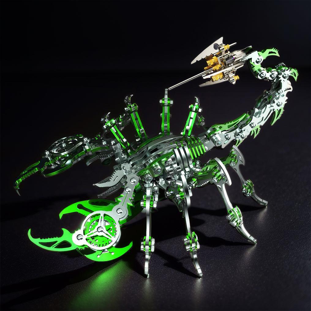 Green mechanical scorpion king kit with articulated legs and tail, a stainless steel model puzzle for shelf and office display