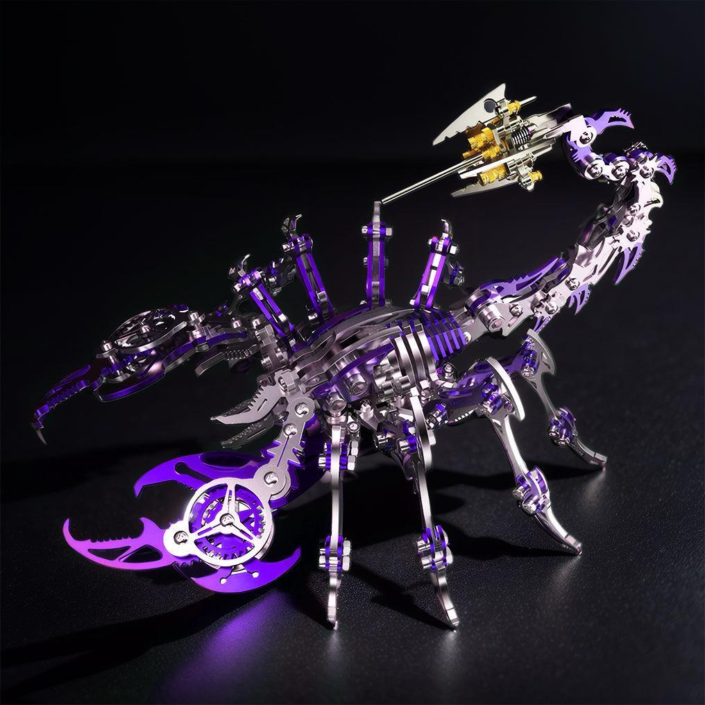 Purple metal scorpion king model with a segmented tail and gears, a posable steel puzzle kit for adult collectors and decor