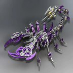 Purple mechanical scorpion puzzle with movable pincers and legs, a laser-cut metal model kit for shelf display and gifting