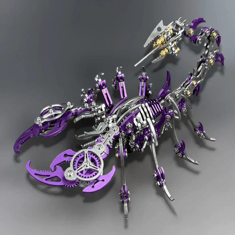 Purple mechanical scorpion puzzle with movable pincers and legs, a laser-cut metal model kit for shelf display and gifting