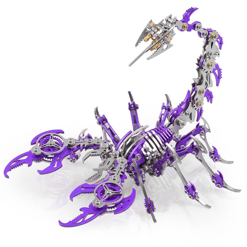 Purple metal scorpion king model with movable claws and a segmented tail, a steampunk puzzle kit and desk decor for adults