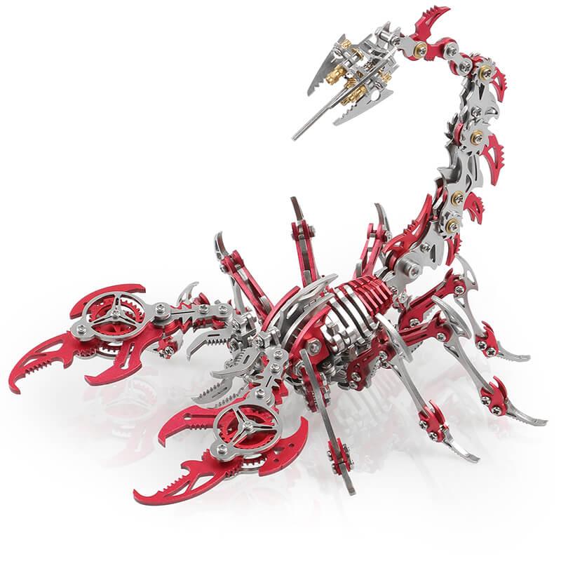 Red metal scorpion king puzzle, a posable stainless steel model kit with articulated tail and pincers for desk display