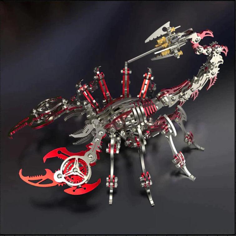 Red steel scorpion king puzzle poised to strike, an articulated 48-piece metal model kit for collectors and game room decor