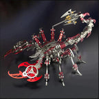 Red steel scorpion king puzzle poised to strike, an articulated 48-piece metal model kit for collectors and game room decor