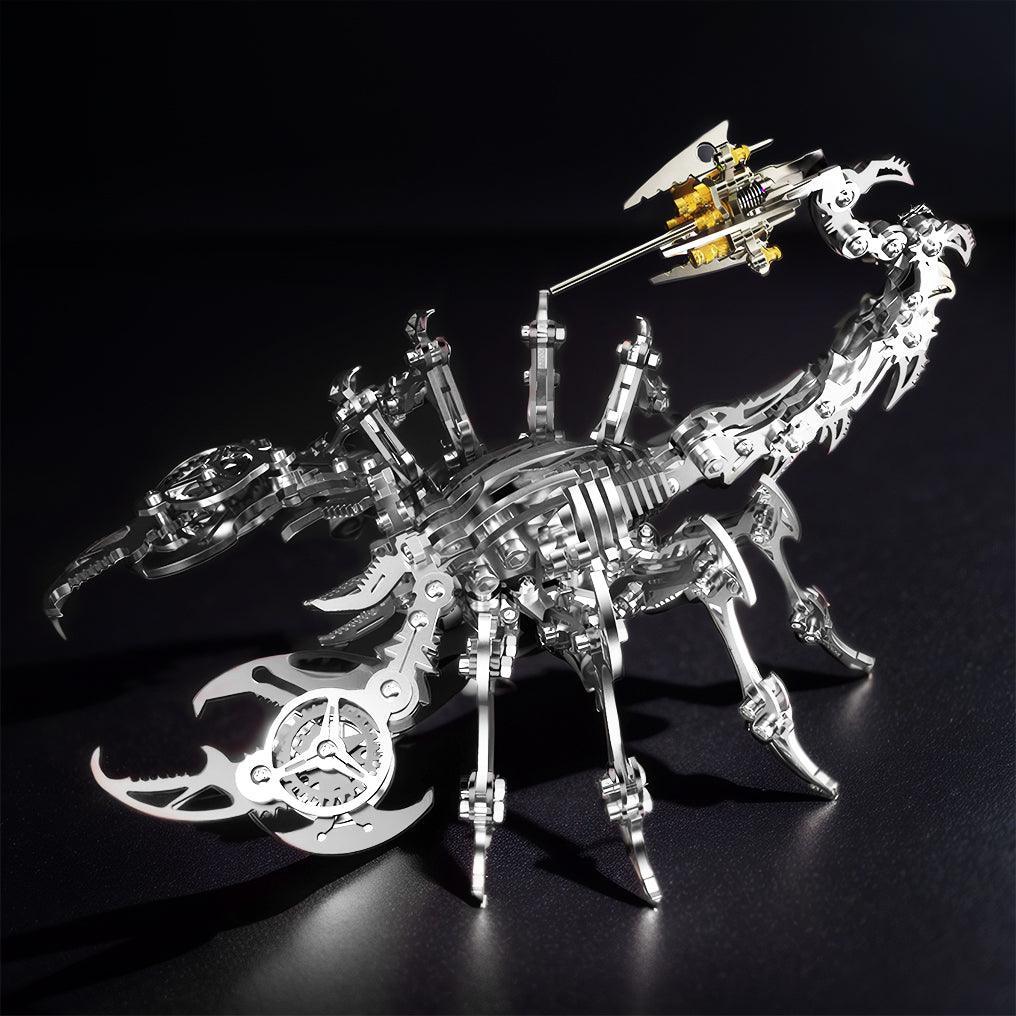 Silver steel scorpion model with polished articulated legs, a tool-free mechanical puzzle kit for office and shelf decor