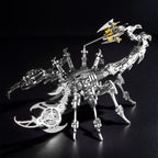 Silver steel scorpion model with polished articulated legs, a tool-free mechanical puzzle kit for office and shelf decor