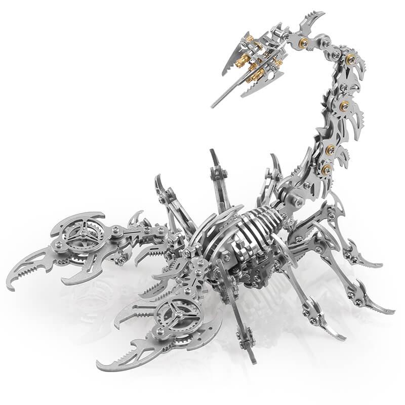 Silver steel scorpion model kit with articulated legs and gears, a tool-free mechanical puzzle for shelf or office decor