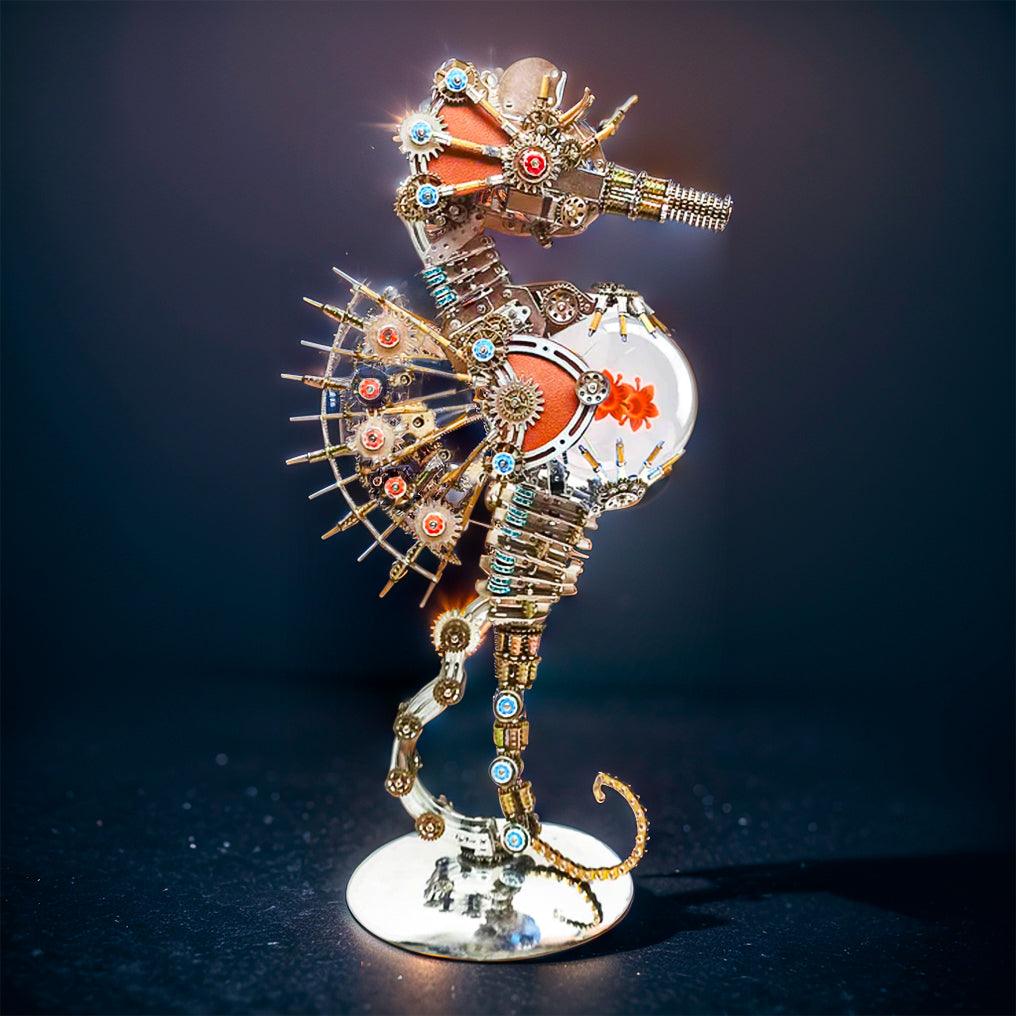 Intermediate metal model kit with 2100 precision cut parts and a six to ten hour steampunk seahorse build FIREWORKS lamp.