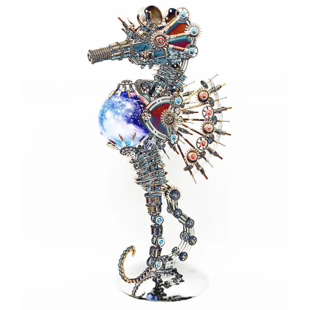 Steampunk seahorse metal sculpture as an industrial art centerpiece for a living room shelf or office desk PLANET and FIREWORKS lamp options.