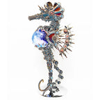 Steampunk seahorse metal sculpture as an industrial art centerpiece for a living room shelf or office desk PLANET and FIREWORKS lamp options.