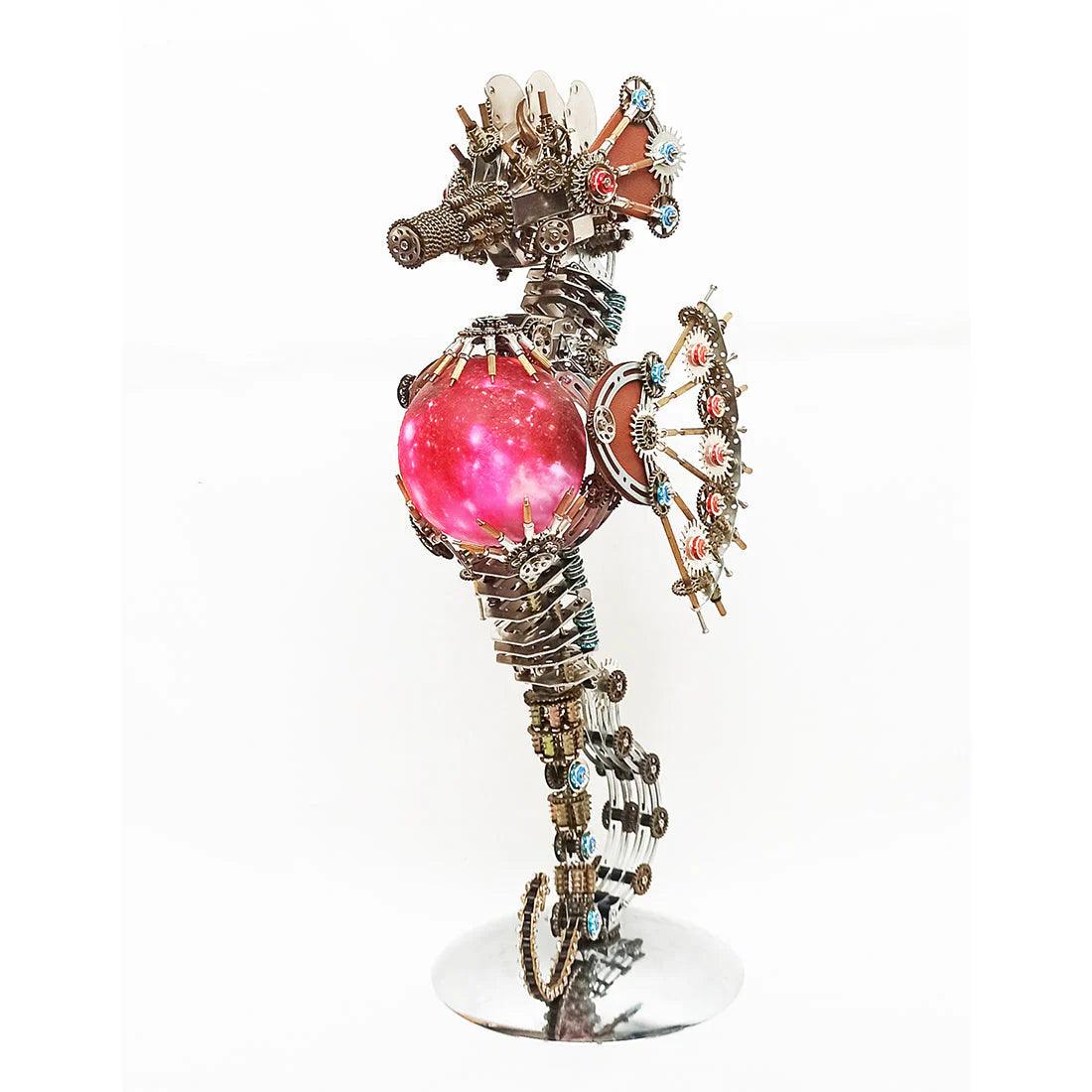 Seahorse model kit crafted from stainless steel, iron, and copper with mechanical gears for a detailed metal build PLANET lamp.