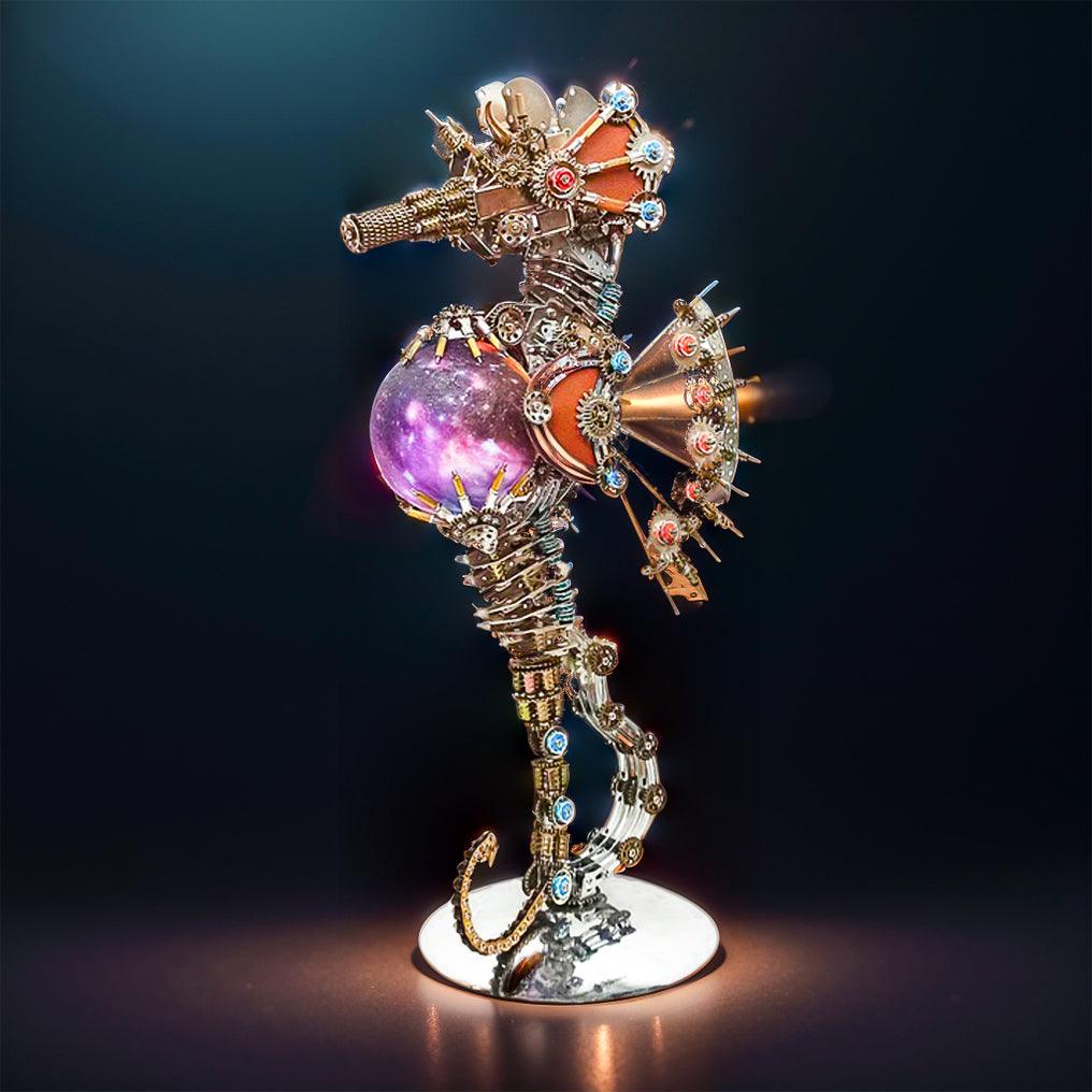 Steampunk metal seahorse sculpture kit as a birthday, anniversary, or housewarming gift for mechanical model fans FIREWORKS lamp.