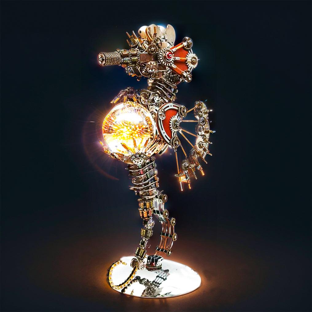 2100 piece stainless steel model kit that assembles into a mechanical seahorse sculpture for adult hobby builders PLANET lamp.