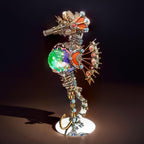 Steampunk seahorse desk sculpture with mechanical gears and a lit accessory, industrial decor for a home office FIREWORKS lamp.
