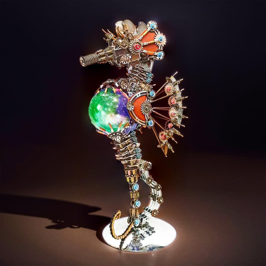Steampunk seahorse desk sculpture with mechanical gears and a lit accessory, industrial decor for a home office FIREWORKS lamp.