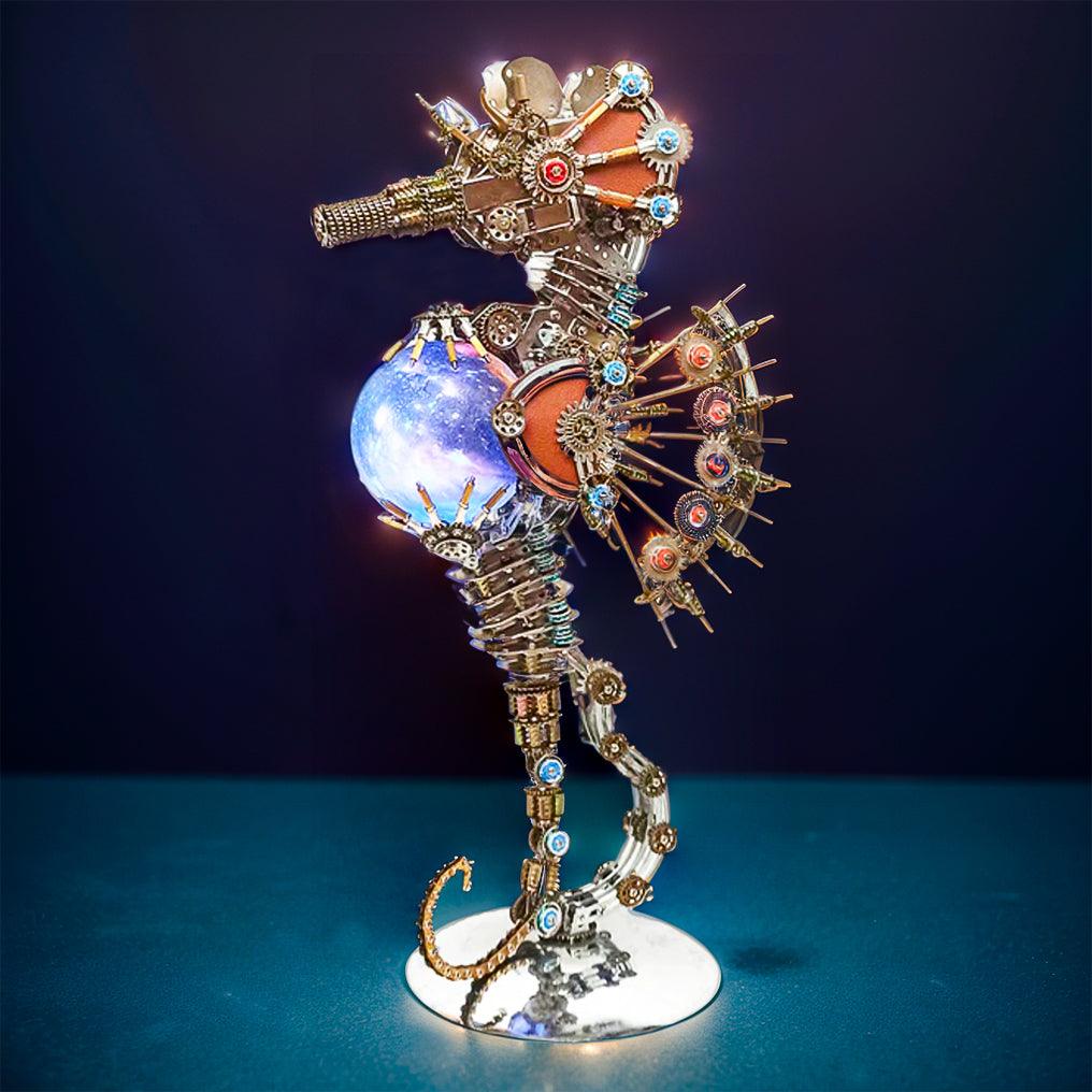 Mechanical metal seahorse model with moving gears and a posable tail, a hands-on steampunk assembly kit for adults PLANET lamp.