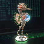 Metal seahorse lamp stand sculpture with an illuminated sphere that holds small display items under 500 grams FIREWORKS lamp.