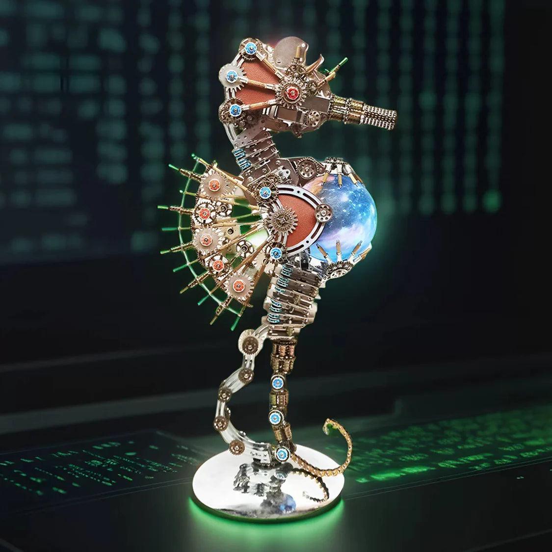 Metal seahorse lamp stand sculpture with an illuminated sphere that holds small display items under 500 grams FIREWORKS lamp.