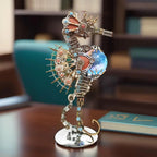 Illuminated cosmic sphere anchors this stainless steel seahorse sculpture, casting ambient light across a desk or shelf PLANET lamp.