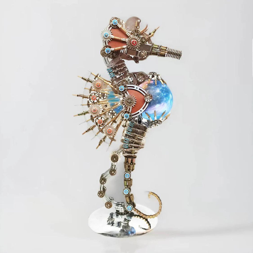 Stainless steel seahorse puzzle that assembles with screws and no glue for a durable steampunk display model PLANET lamp.