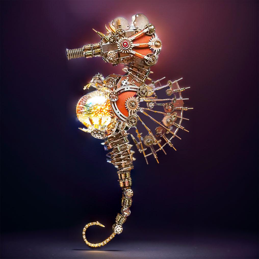 Steampunk metal seahorse sculpture with a glowing lit orb as a shelf centerpiece and industrial home decor accent FIREWORKS lamp.
