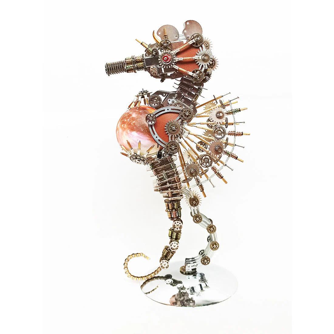 3D metal steampunk seahorse puzzle built from stainless steel pieces into a mechanical sculpture with a glowing orb PLANET lamp.