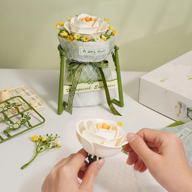 Beginner white camellia wooden flower puzzle assembled by hand, a relaxing 30 minute craft project for adults AF021