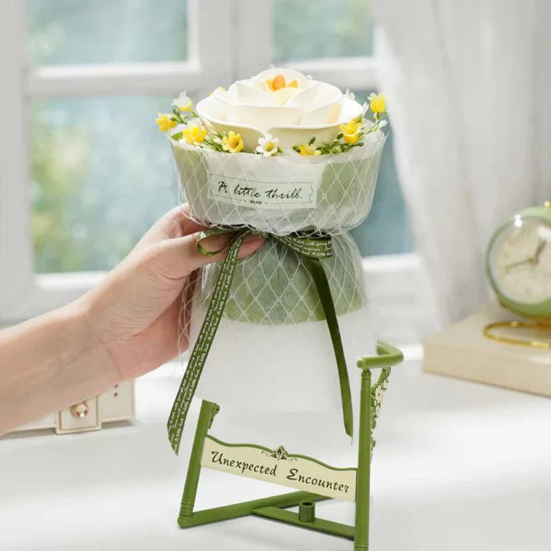 Camellia wooden flower puzzle on a patterned display stand, a lasting botanical gift and shelf accent for a home AF021