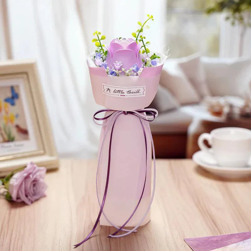 Purple rose wooden bloom styled as tabletop home decor, an everlasting floral accent and a thoughtful rose gift AF022