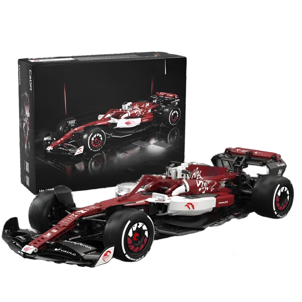 Alfa Romeo F1 Team ORLEN C42 building block kit assembled as a Formula 1 race car display model, built in the 1:8 with 1868 pcs scale