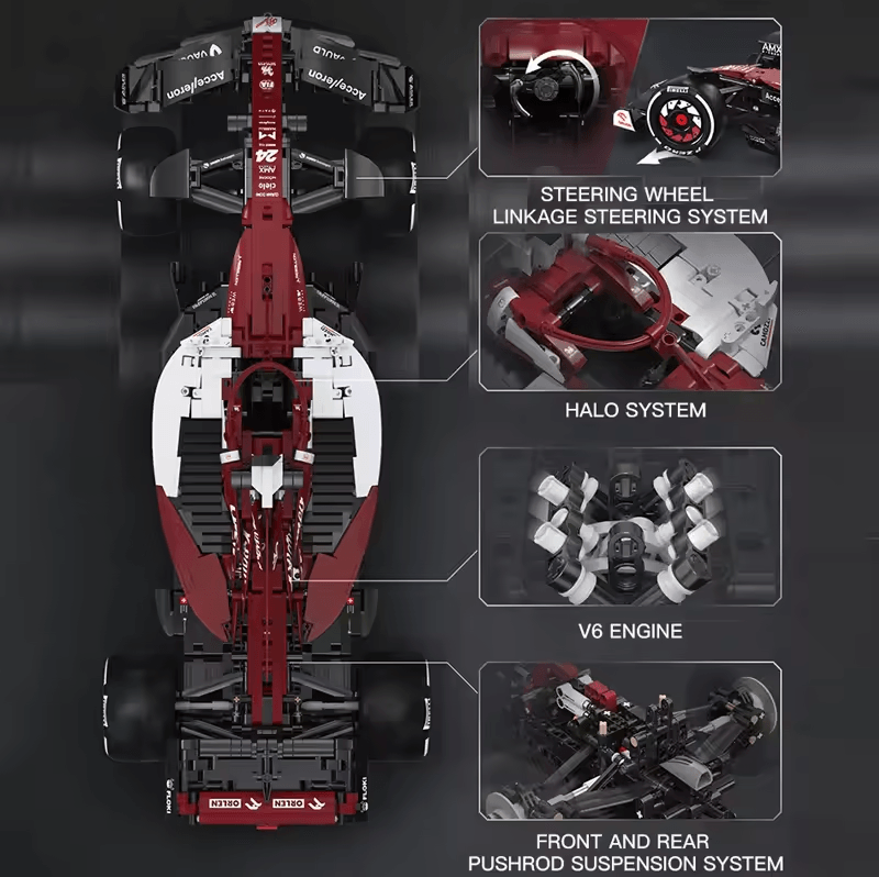 ORLEN C42 Formula 1 brick model showing working steering, V6 engine and halo safety system, the 1:8 with 1868 pcs collector build