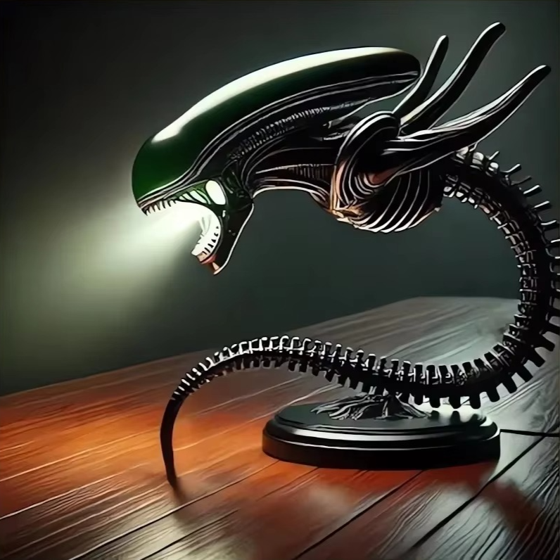 Alien creature resin lamp stand with a lit mouth, a sci-fi figurine accent light and table lamp for modern home decor Black