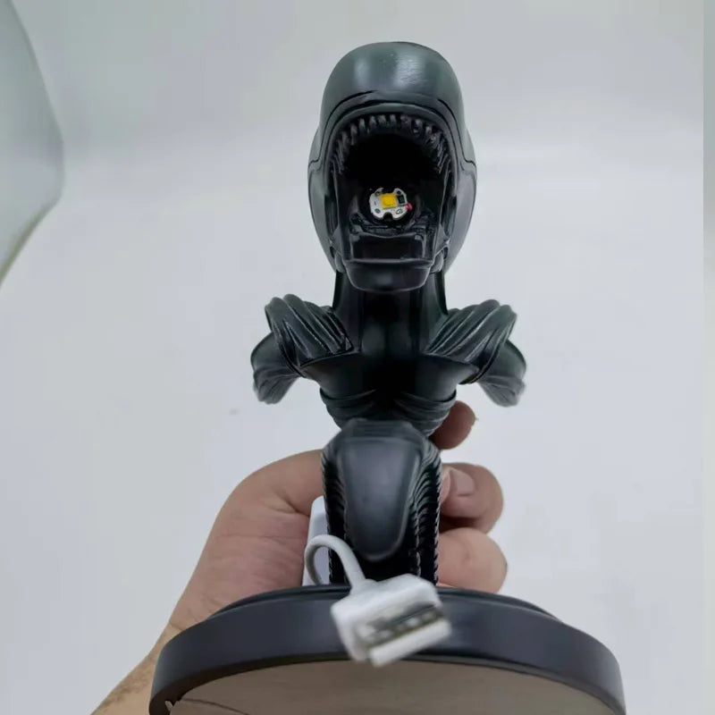 Alien creature resin table lamp with a USB lit head, a sci-fi accent light and figurine for a bedroom or gaming desk Black